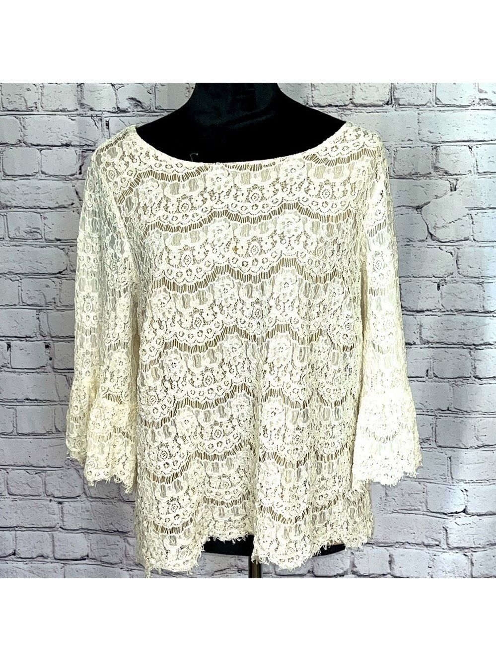 Rose + Olive Beige Lace Blouse, w/Nude Liner, 3/4 sleeve, Women's, size 1X